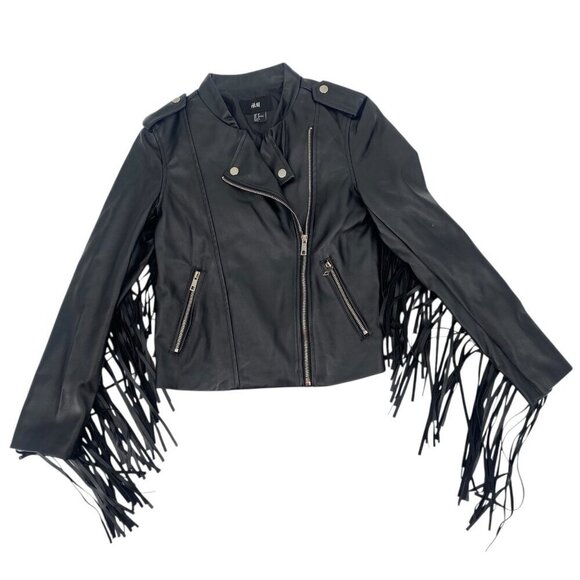 H&M Size 4 Black Faux Leather Brando Style Jacket With Fringes Western Boho - Picture 2 of 12